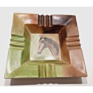 MCM Western Horse Hand Painted Ashtray 8.5 x 8.5 Square Ranch Yellowstone Vibes
